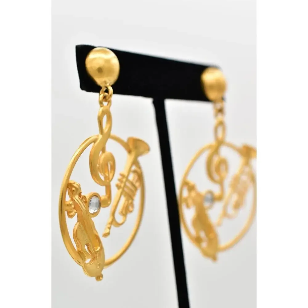 Vintage Musical Dangle Earrings Instrument Brushed Gold Matte NOS 1980s BinBK